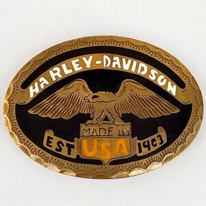 HARLEY DAVIDSON Mens Rare Vintage Gold & Black Belt Buckle Eagle Motorcycle USA